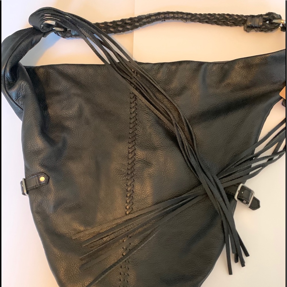Linea Pelle Black Leather Fringe Shoulder Bag